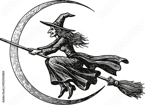 witch flying on a broomstick past a crescent moon halloween magic character in traditional costume with pointed hat