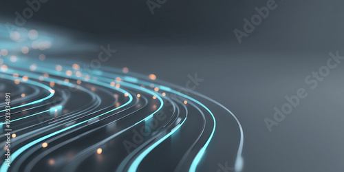 Glowing cyan fiber optic cables curve gracefully across a dark surface with warm bokeh particles.