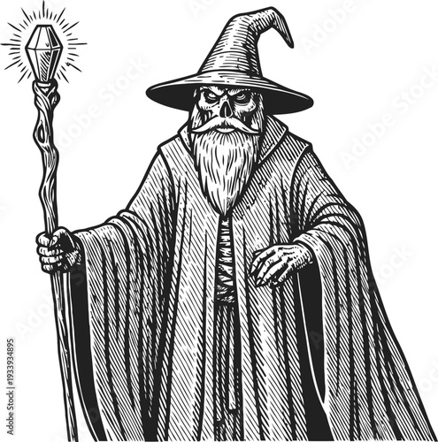 Wizard with glowing staff mystical old sorcerer in robe and pointed hat holding magical crystal wand