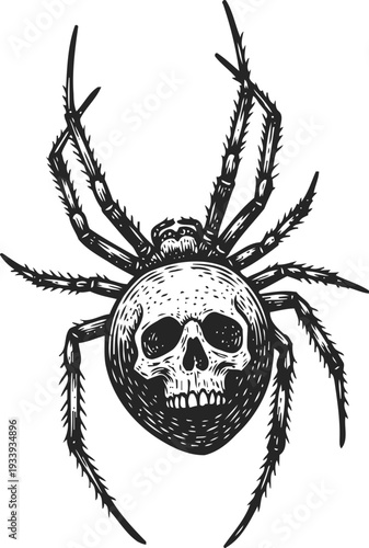 Black spider illustration with skull design on body halloween creepy spooky insect tattoo concept