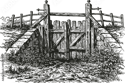 Rustic wooden gate with fence and stone retaining walls in country countryside landscape sketch
