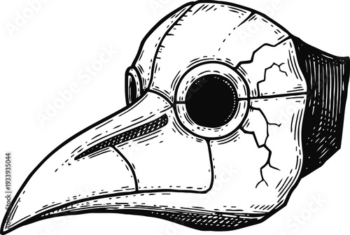 Vintage plague doctor mask with long beak and cracked surface, historical medical protection design