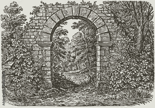 Ancient stone archway surrounded by dense forest foliage with a pathway leading into the woods