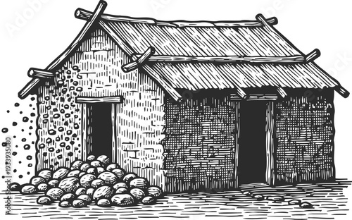rustic traditional hut with thatched roof and stone wall, rural countryside shelter illustration