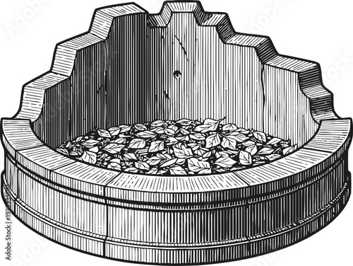 Wooden barrel filled with dried leaves vintage rustic container sketch in engraving