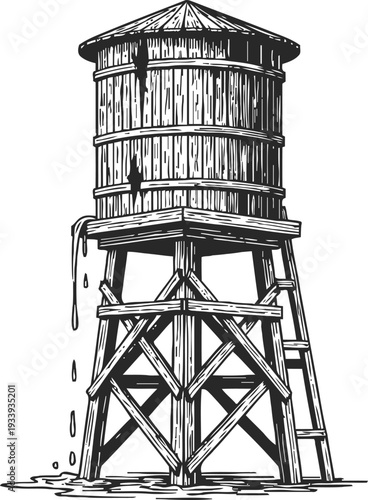 Wooden water tower with ladder dripping water sketch illustration, vintage rustic reservoir design