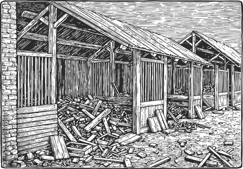 Abandoned wooden sheds with scattered planks and debris in a rural rustic setting