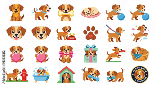 Collection of adorable cartoon puppies engaged in various playful activities, showcasing different breeds and expressions.