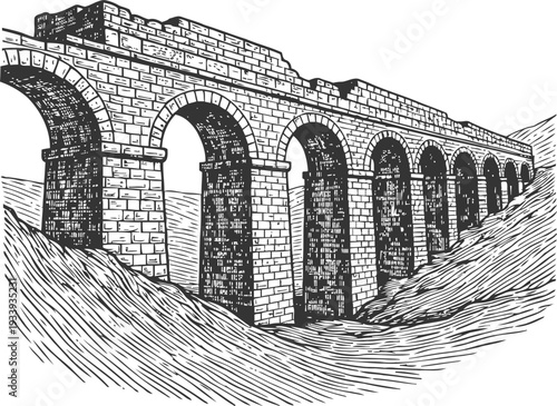Ancient stone aqueduct with arches and detailed brickwork in a hilly landscape drawing