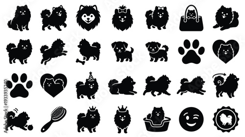 Collection of Silhouette Icons Featuring Pomeranian Dogs in Various Poses and Accessories.