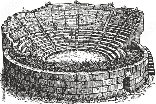 Ancient stone amphitheater ruins with circular tiered seating and grass overgrowth