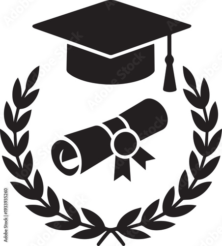 Graduation Cap and Diploma with Laurel Wreath Silhouette