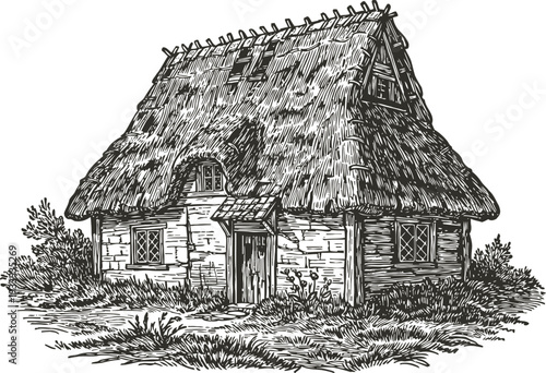 Rustic thatched cottage with wooden walls surrounded by grass and foliage, vintage countryside home illustration