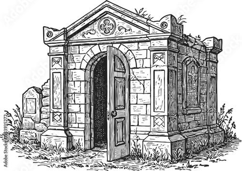 old stone mausoleum with open door and tombstone in grass, vintage historic crypt building