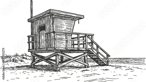 Lifeguard tower on sandy beach elevated wooden building with stairs and railing near grass and shoreline