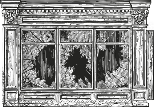 Antique storefront with shattered glass windows vintage old broken shop facade with ornate architectural details