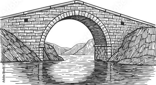Stone arch bridge over calm river with surrounding hills landscape drawing