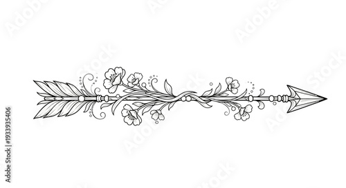 Floral Arrow Illustration: Detailed Line Art with Flowers and Feathers.