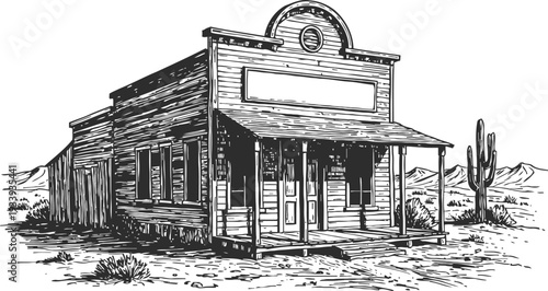 Old western wooden building with porch and desert landscape, cactus and mountains background