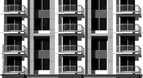 Modern apartment building with balconies and large windows in grayscale.