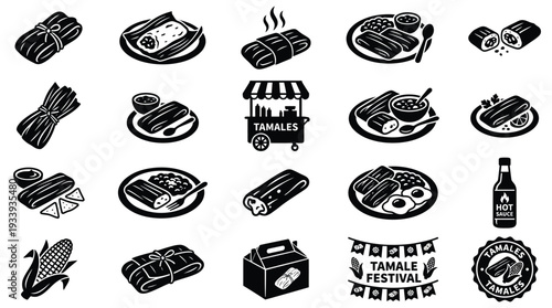 A collection of black and white isometric icons representing various aspects of tamales, including the food itself, ingredients, and related cultural elements.