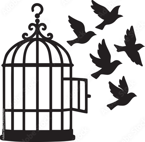 Birds Flying Out of an Open Birdcage