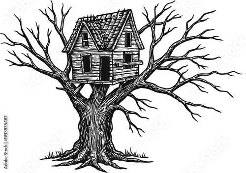 Old wooden treehouse perched in large leafless tree branches, rustic childhood outdoor play