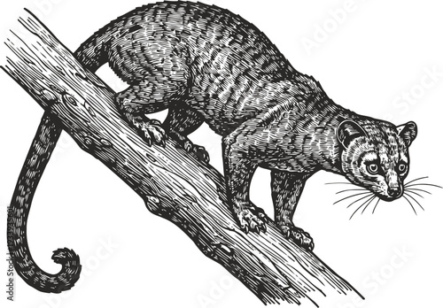 illustration of a cuscus climbing a tree branch, detailed black and white wildlife drawing