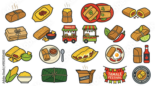 A vibrant collection of various tamale dishes and festival elements, showcasing different preparations and cultural representations of this popular food.