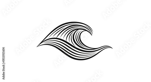 Stylized black line art illustration of a curling ocean wave.