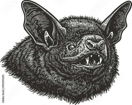 Black bat head illustration with sharp teeth and large ears detailed monochrome vampire animal face drawing