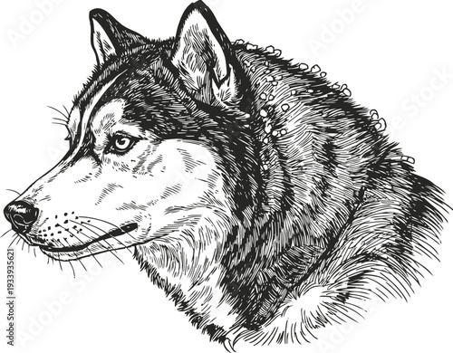 Detailed black and white husky dog head illustration with realistic fur texture