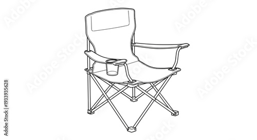Line Drawing of a Foldable Camping Chair with Cup Holder.
