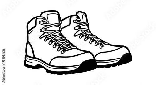 A simple black and white line art illustration of hiking boots.