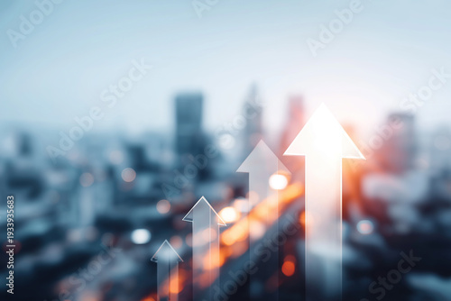 Wallpaper Mural Three luminous upward-pointing arrows glow brilliantly above a blurred city skyline suggesting financial growth. Torontodigital.ca