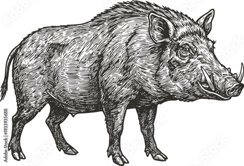 Wild boar standing side view detailed black and white engraved illustration