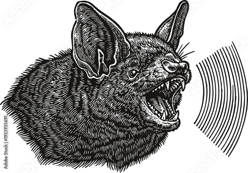 Illustration of a screaming bat with open mouth and sound waves in black and white