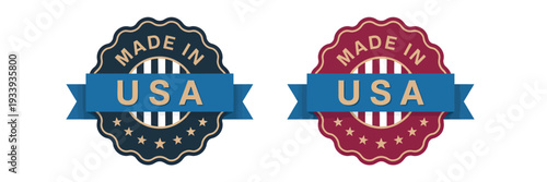 Made in USA badge stamp set with ribbon banner and circular emblem vector