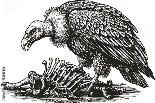 vulture scavenger bird feeding on skeleton remains, detailed black and white illustration
