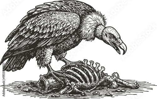 Black vulture scavenger perched on animal skeleton bones wild bird carrion eater in nature