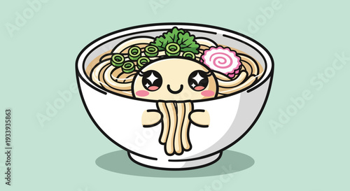 Cute Kawaii Udon Noodles Bowl Character with Happy Face