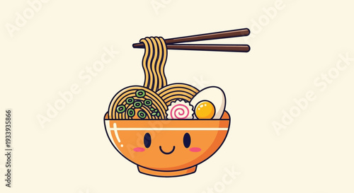 Cute Kawaii Ramen Bowl with Chopsticks and Egg
