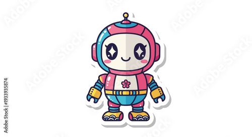 Cute Kawaii Robot Character, Pink and Blue, Cartoon Style