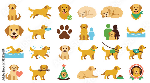 Collection of various illustrations of golden retriever dogs in different poses and activities, showcasing their playful and friendly nature.
