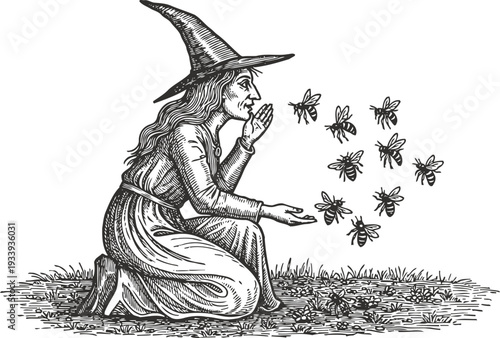 Witch wearing pointed hat kneeling in garden surrounded by flying bees magic and nature concept