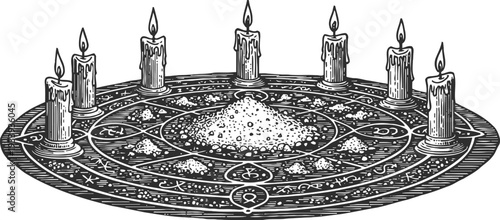 Magic circle with candles and mysterious symbols, ritual altar with burning candles for spell casting and witchcraft
