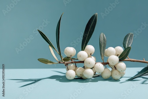 Close-up of a slender branch adorned with white berries and green leaves, casting shadows