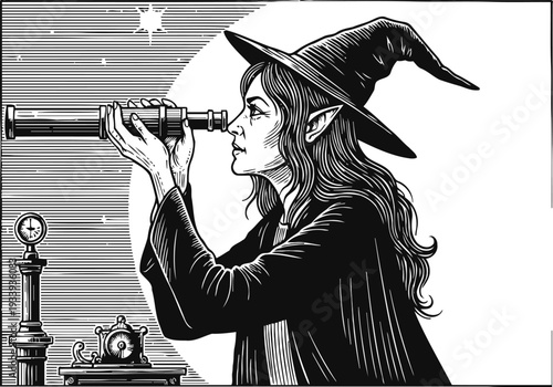 Witch in pointed hat using telescope with vintage instruments and starry sky illustration