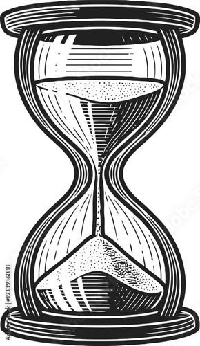 Vintage hourglass illustration with flowing sand symbolizing time and patience