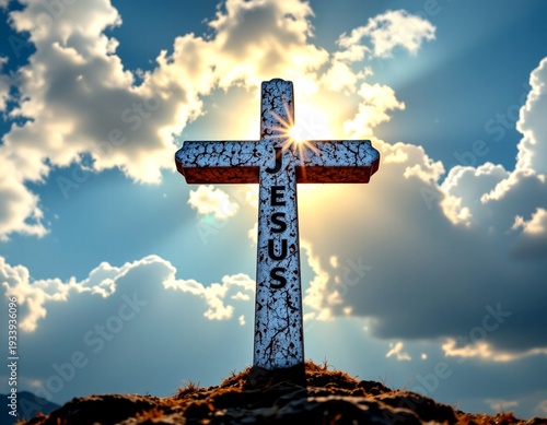 A large cross prominently set against a dramatic sky with clouds